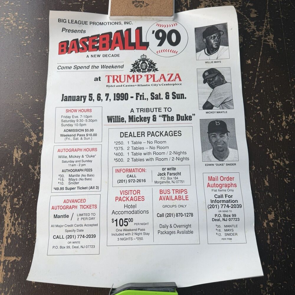 1990 Baseball ’90 Trump Plaza Poster 10x15 Willie Mays Mickey Mantle Duke Snider